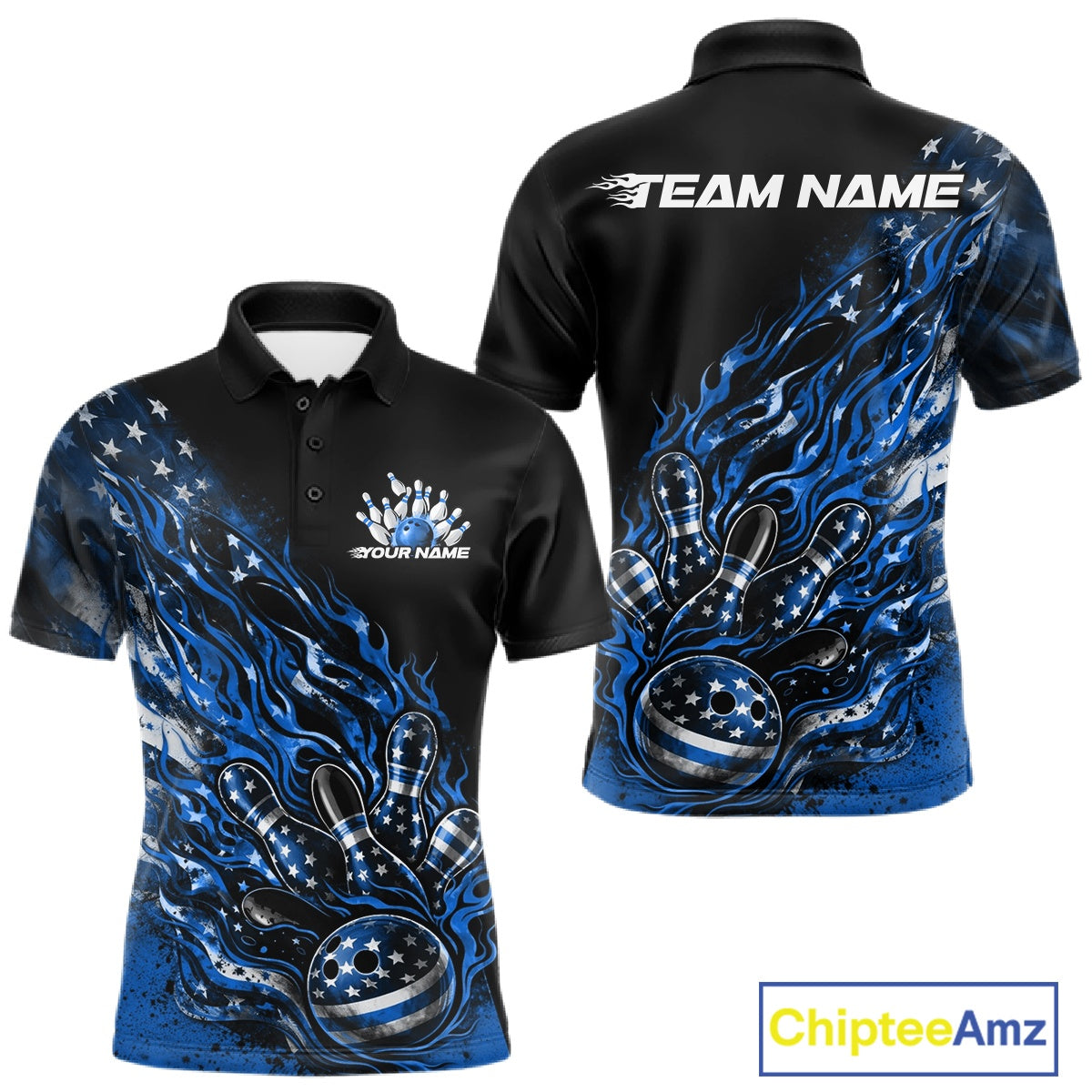 Custom Patriotic Blue Flame Bowling Shirts, US Flag Bowling Team Jerseys Freedom 4Th Of July Bowling Shirt IPHW10437