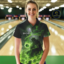 Load image into Gallery viewer, Custom Electric Green Fire Grim Reaper Bowling Women Polo Shirts, Halloween Bowling Shirt IPHW9465