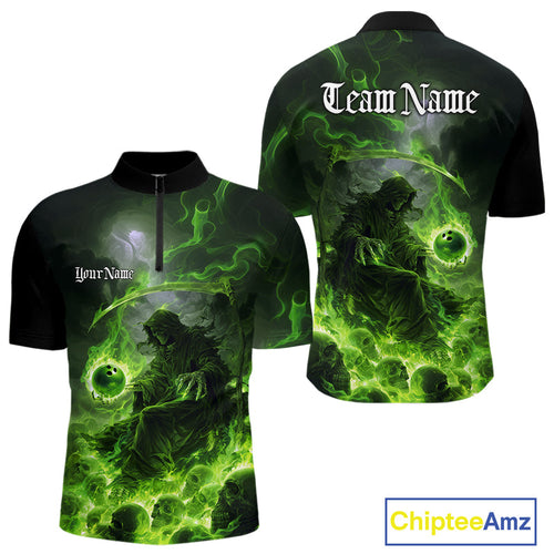 Custom Electric Green Fire Grim Reaper Bowling Men Quarter-Zip Shirts, Halloween Bowling Shirt IPHW9465