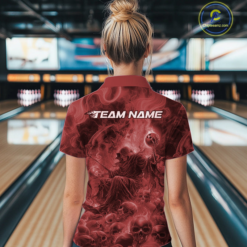 Custom Red Flame Skull Bowling Quarter-Zip Shirts, Red Smoke Bowling Hallween Outfit IPHW9472