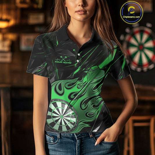 Custom Black And Green Flame Dartboard Dart Polo Shirts For Women, Dart Players Outfits IPHW9690