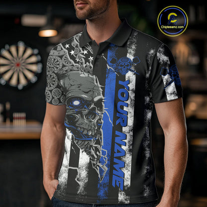 Custom Blue Line American Flag Patriotic Skull Dart Men Polo Shirts, Halloween Dart Outfit IPHW9692