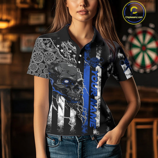 Custom Blue Line American Flag Patriotic Skull Dart Women Polo Shirt, Halloween Outfit IPHW9692