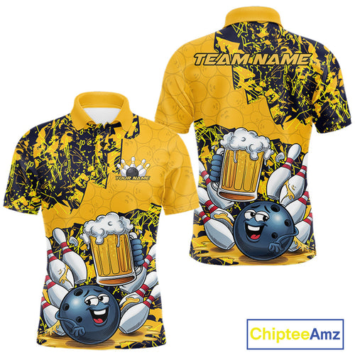 Custom Funny Bowling Beer Men Polo Shirts, Yellow Camo Bowling Ball Pattern Bowling Jersey IPHW9825
