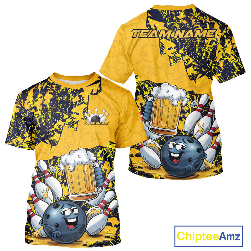 Custom Funny Bowling Beer Men T-Shirts Shirts, Yellow Camo Bowling Ball Pattern Bowling Jersey IPHW9825