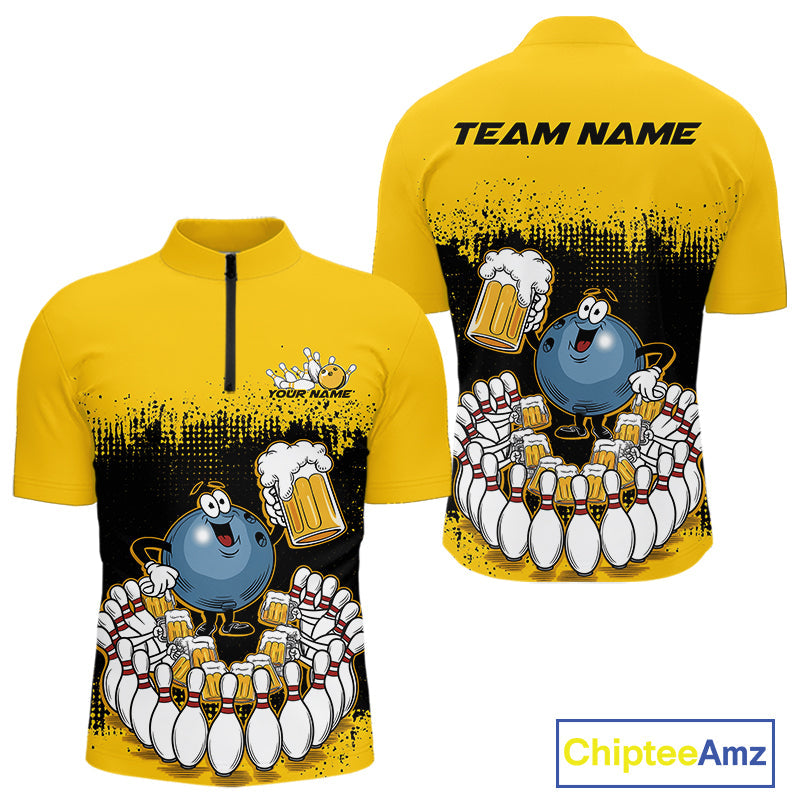 Custom Black And Yellow Funny Bowling Ball Drinking Beer Party Bowling Quarter-Zip Shirts For Men IPHW9826