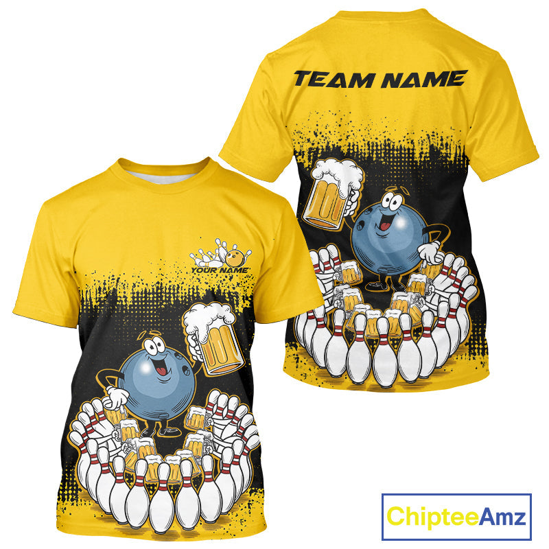 Custom Black And Yellow Funny Bowling Ball Drinking Beer Party Bowling T-Shirts For Men IPHW9826