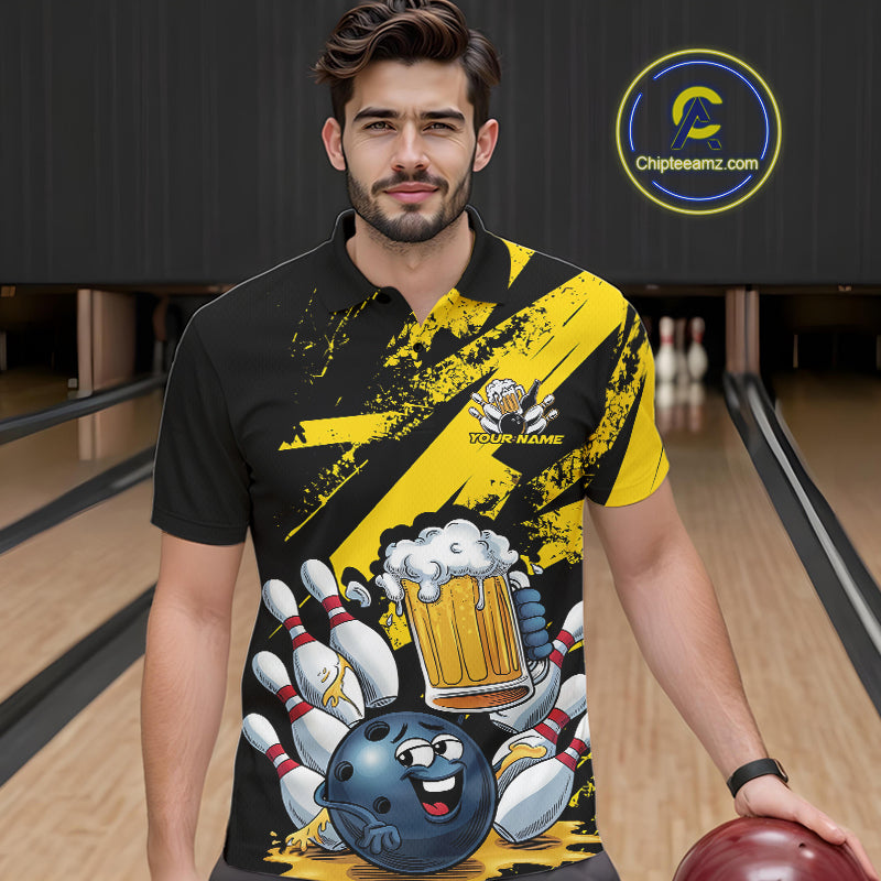 Custom Grunge Yellow Funny Bowling And Beer Polo Shirts For Men, Bowling Team Outfit IPHW9831