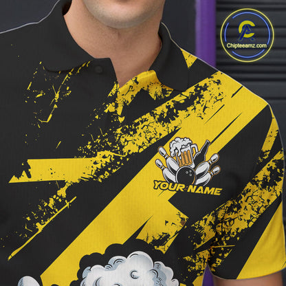 Custom Grunge Yellow Funny Bowling And Beer Polo Shirts For Men, Bowling Team Outfit IPHW9831