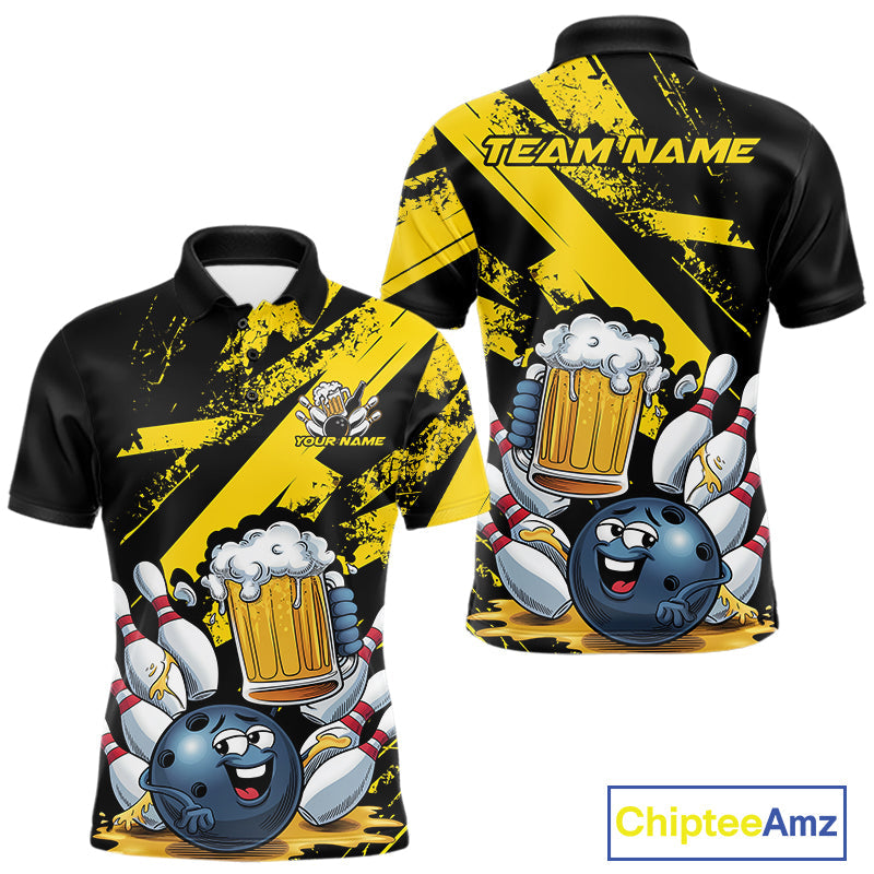 Custom Grunge Yellow Funny Bowling And Beer Polo Shirts For Men, Bowling Team Outfit IPHW9831