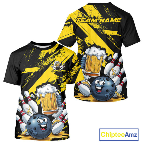 Custom Grunge Yellow Funny Bowling And Beer T-Shirts For Men, Bowling Team Outfit IPHW9831