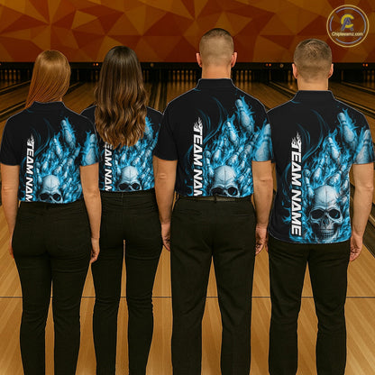 Custom Multi Styles Blue Flame Skull Halloween Bowling Team Shirts, Bowling Tournament Shirt Bowling Jersey IPHW10440
