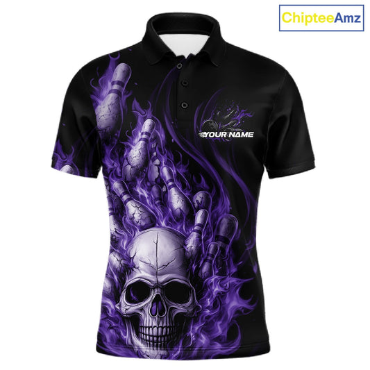 Custom Multi Styles Purple Flame Skull Halloween Bowling Team Shirts, Bowling Tournament Shirt Bowling Jersey IPHW10441