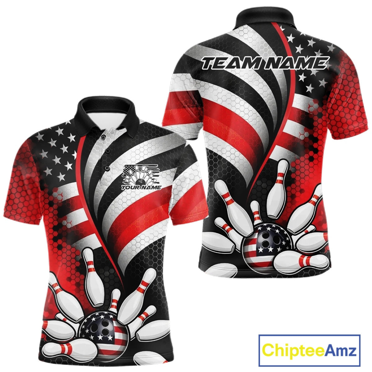 Custom Black And Red US Flag Patriotic Bowling Shirts, Freedom Bowling Team League Shirt Bowler Jerseys IPHW10453