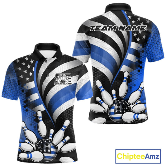 Custom Black And Blue US Flag Patriotic Bowling Shirts, Freedom Bowling Team League Shirt Bowler Jerseys IPHW10454