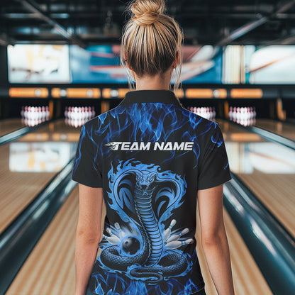 Custom Black And Blue Flame Cobra Snake Bowling Polo Shirts For Women, Bowling Team Uniform IPHW8568