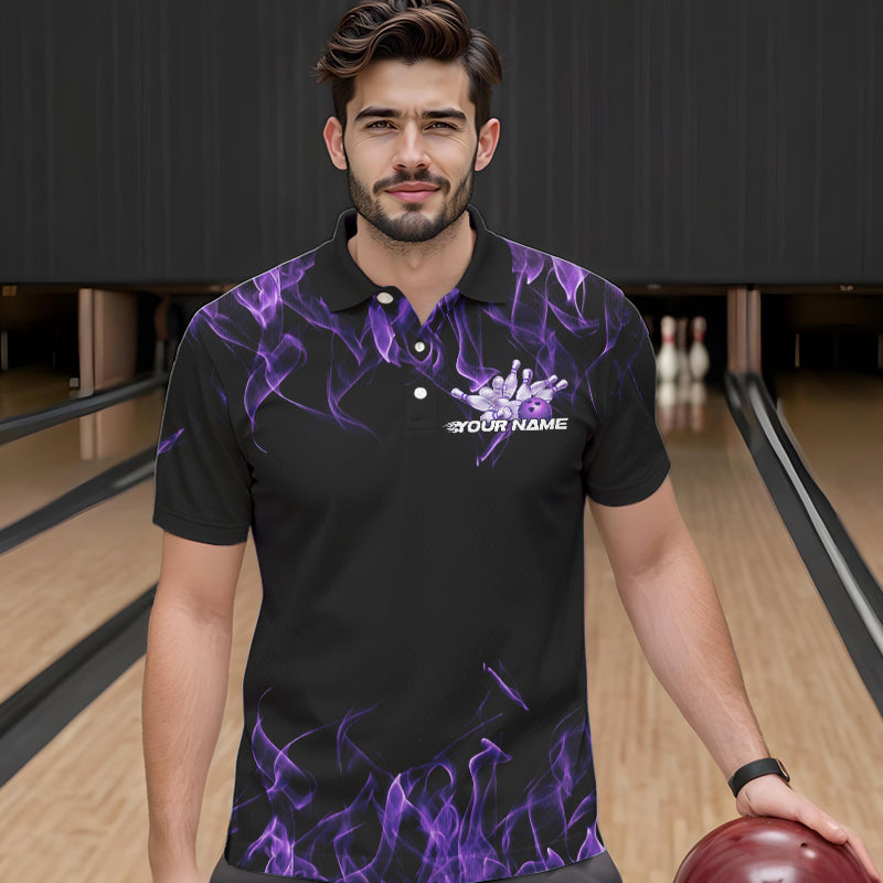 Custom Black And Purple Flame Cobra Snake Bowling Polo Shirts For Men, Bowling Team Uniform IPHW8569