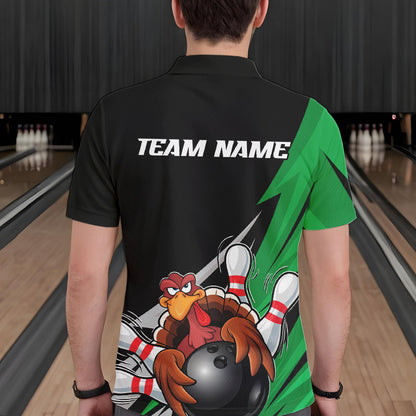 Black And Green Custom Funny Turkey Thanksgiving Bowling Team Polo Shirts For Men IPHW8876