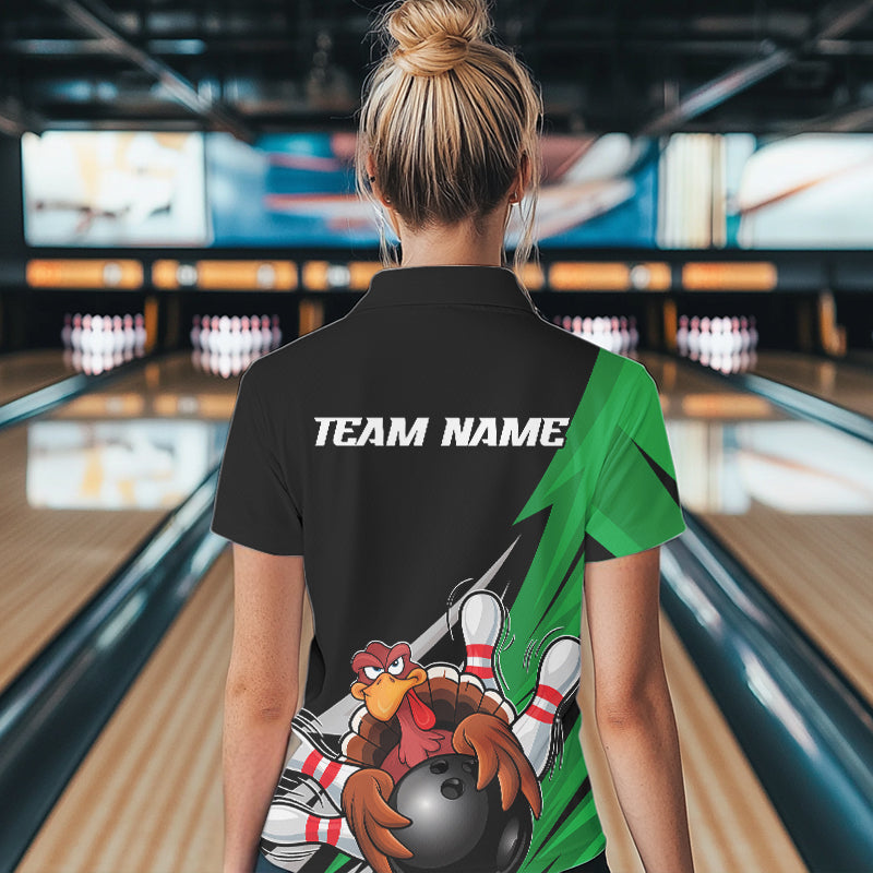 Black And Green Custom Funny Turkey Thanksgiving Bowling Team Polo Shirts For Women IPHW8876