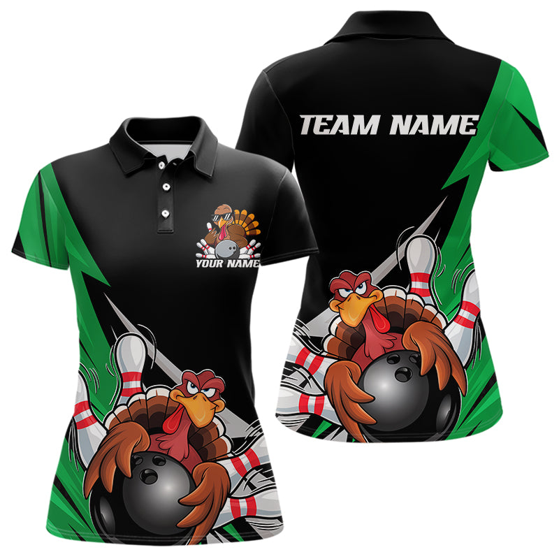 Black And Green Custom Funny Turkey Thanksgiving Bowling Team Polo Shirts For Women IPHW8876