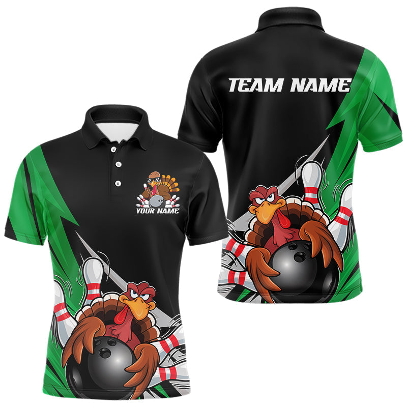 Black And Green Custom Funny Turkey Thanksgiving Bowling Team Polo Shirts For Men IPHW8876