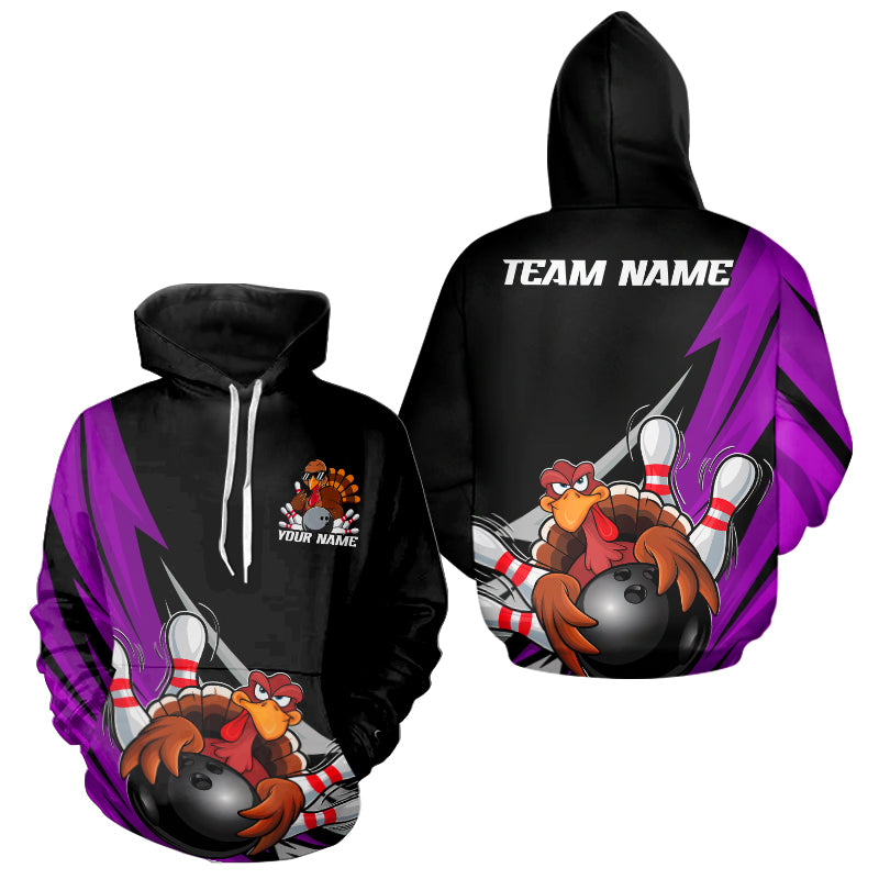 Black And Purple Custom Funny Turkey Thanksgiving Bowling Team Hoodie Shirts For Men And Women IPHW8877