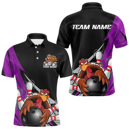 Black And Purple Custom Funny Turkey Thanksgiving Bowling Team Polo Shirts For Men IPHW8877
