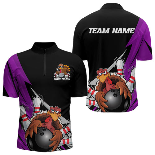 Black And Purple Custom Funny Turkey Thanksgiving Bowling Team Quarter-Zip Shirts For Men IPHW8877