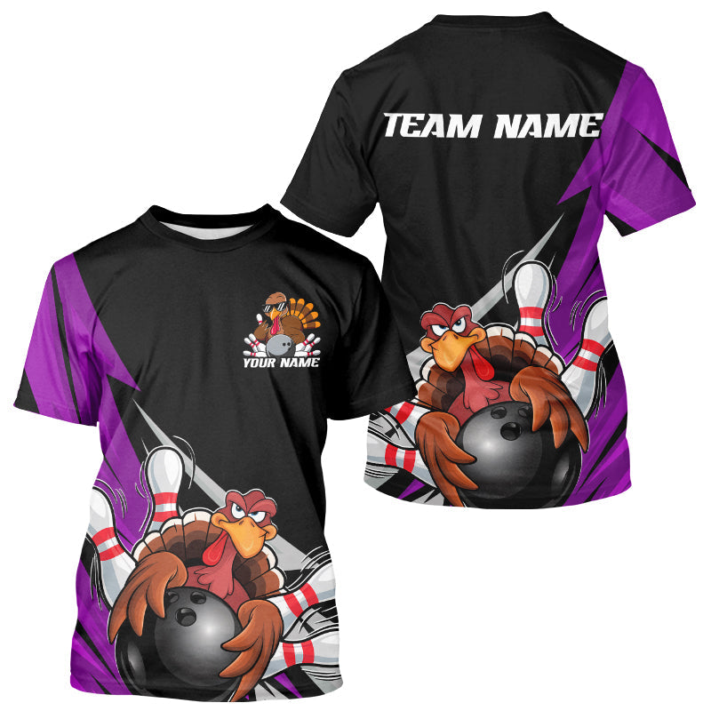 Black And Purple Custom Funny Turkey Thanksgiving Bowling Team T-Shirts For Men IPHW8877