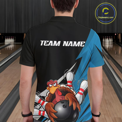 Black And Blue Custom Funny Turkey Thanksgiving Bowling Team Polo Shirts For Men IPHW8878