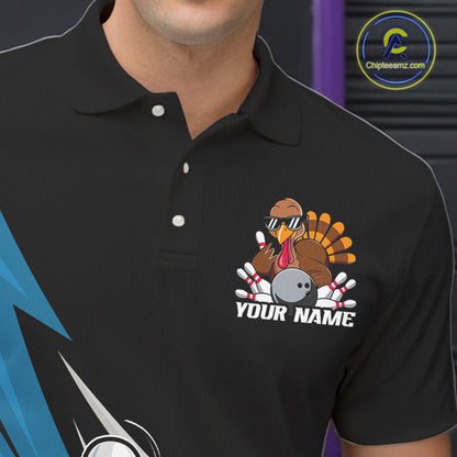 Black And Blue Custom Funny Turkey Thanksgiving Bowling Team Polo Shirts For Men IPHW8878