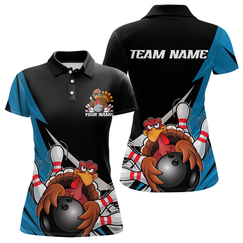 Black And Blue Custom Funny Turkey Thanksgiving Bowling Team Polo Shirts For Women IPHW8878