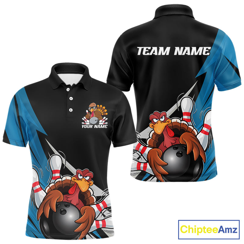 Black And Blue Custom Funny Turkey Thanksgiving Bowling Team Polo Shirts For Men IPHW8878