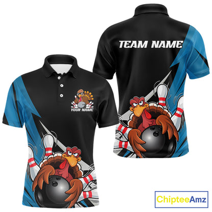 Black And Blue Custom Funny Turkey Thanksgiving Bowling Team Polo Shirts For Men IPHW8878