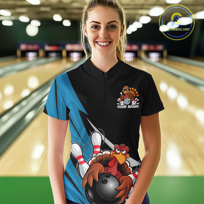 Black And Blue Custom Funny Turkey Thanksgiving Bowling Team Quarter-Zip Shirts For Women IPHW8878