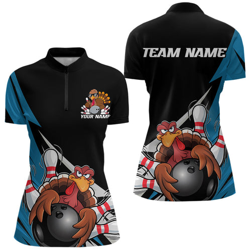 Black And Blue Custom Funny Turkey Thanksgiving Bowling Team Quarter-Zip Shirts For Women IPHW8878