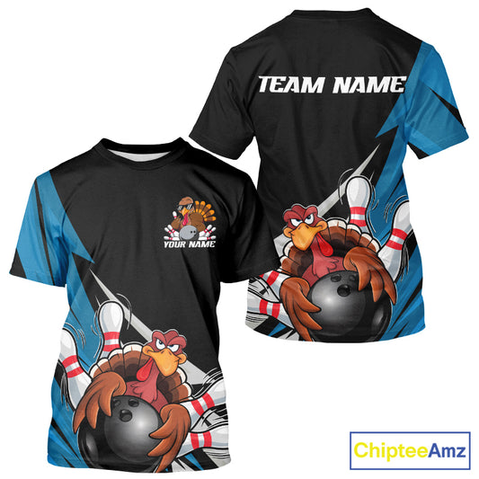 Black And Blue Custom Funny Turkey Thanksgiving Bowling Team T-Shirts For Men IPHW8878