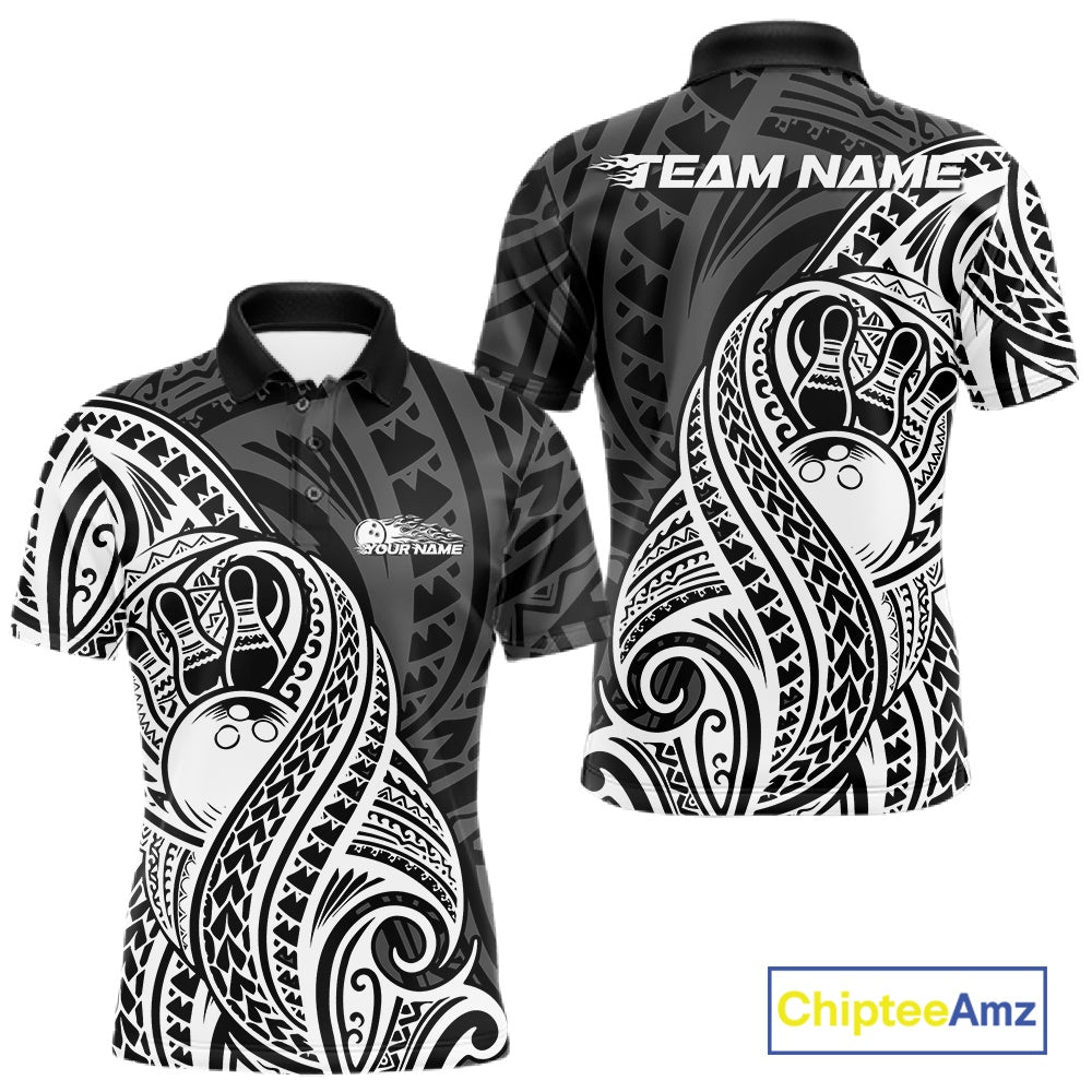 Custom Black And White Maori Style Koru Spiral Tribal Men Bowling Polo Team Shirt IPHW10949