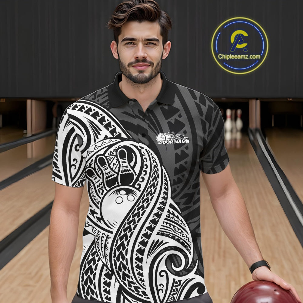 Custom Black And White Maori Style Koru Spiral Tribal Men Bowling Polo Team Shirt IPHW10949