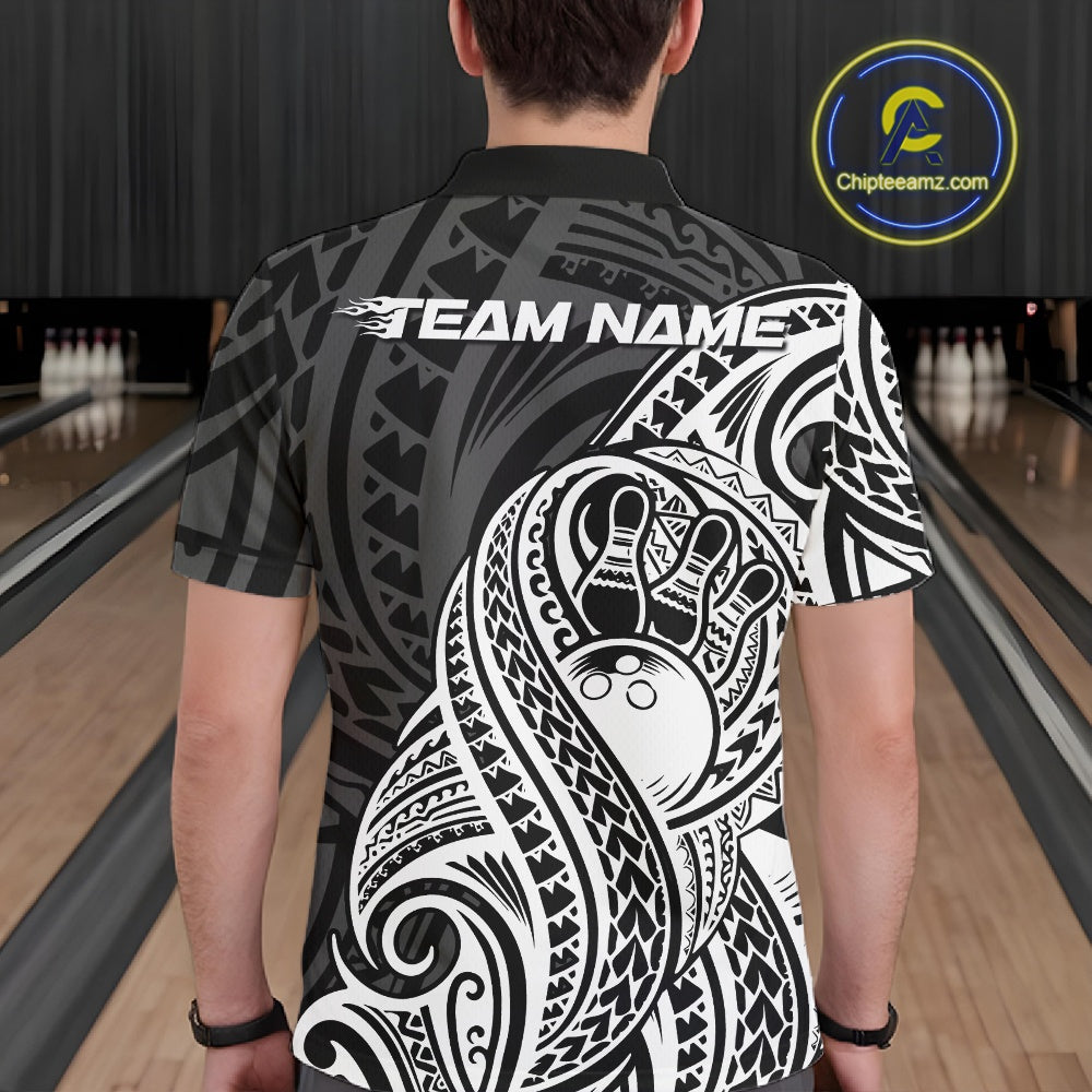 Custom Black And White Maori Style Koru Spiral Tribal Men Bowling Polo Team Shirt IPHW10949