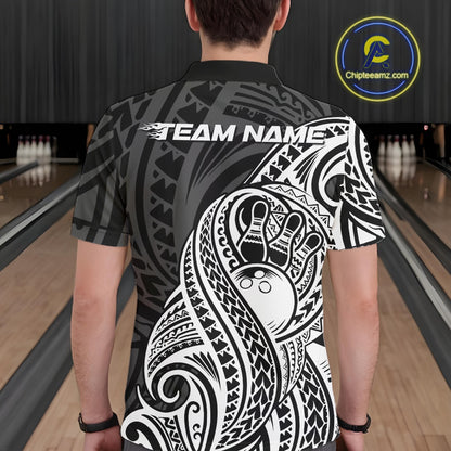 Custom Black And White Maori Style Koru Spiral Tribal Men Bowling Polo Team Shirt IPHW10949