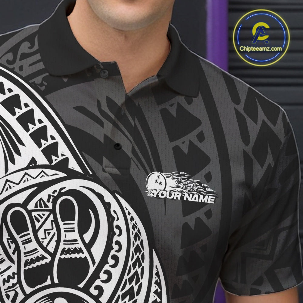 Custom Black And White Maori Style Koru Spiral Tribal Men Bowling Polo Team Shirt IPHW10949