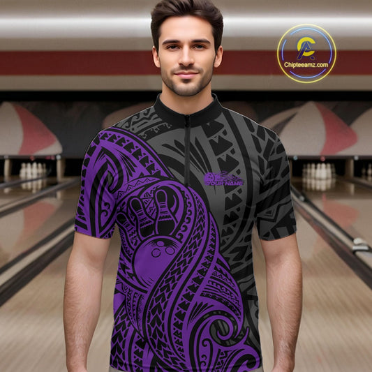 Custom Black And Purple Maori Style Koru Spiral Tribal Men Bowling Quarter-Zip Team Shirt IPHW10951