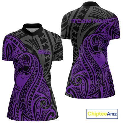 Custom Black And Purple Maori Style Koru Spiral Tribal Women Bowling Quarter-Zip Shirt IPHW10951