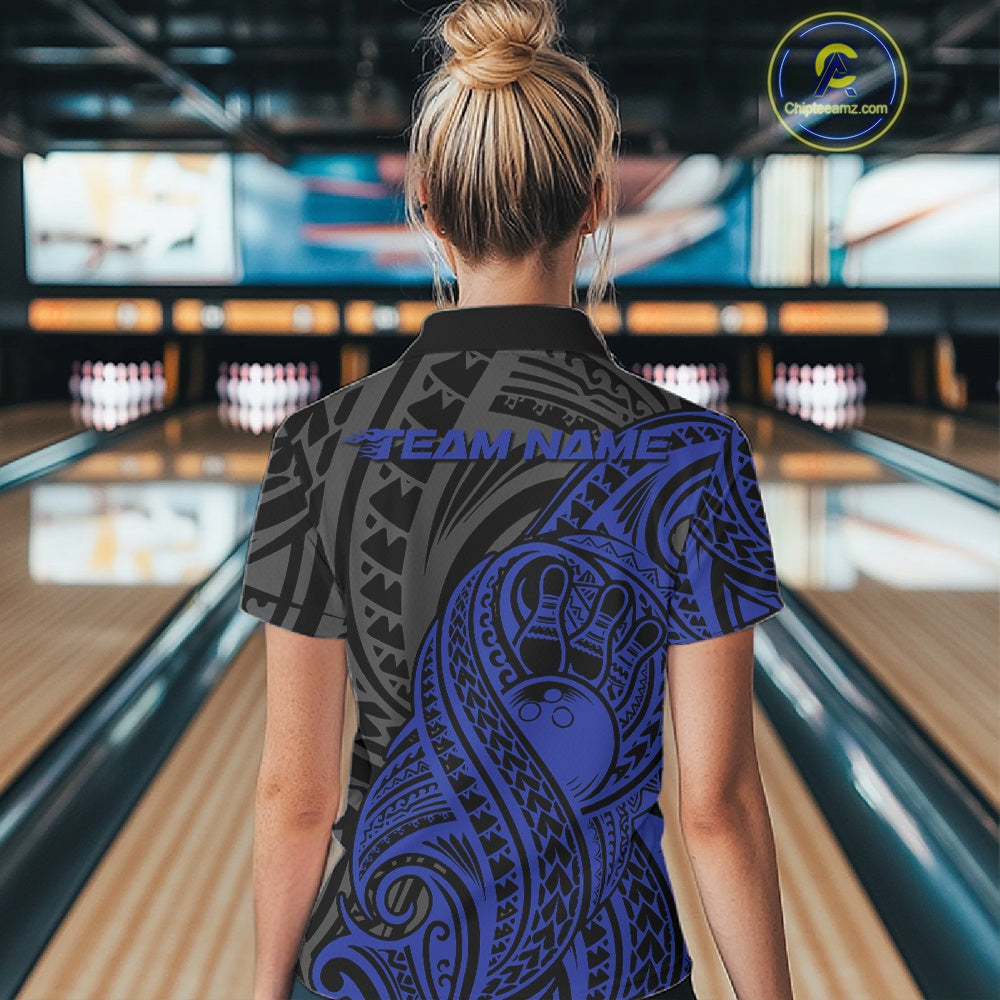 Custom Black And Blue Maori Style Koru Spiral Tribal Women Bowling Quarter-Zip Shirt IPHW10952