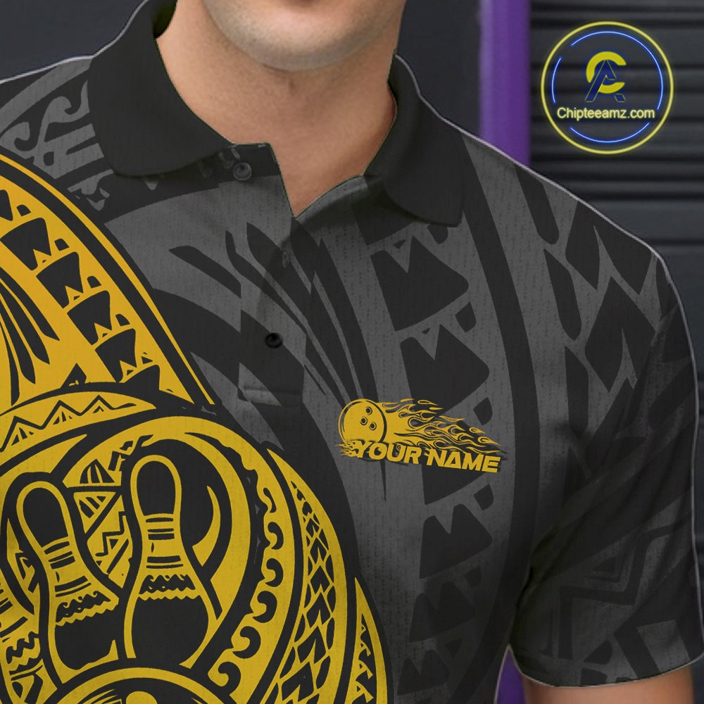 Custom Black And Yellow Maori Style Koru Spiral Tribal Men Bowling Polo Team Shirt IPHW10953