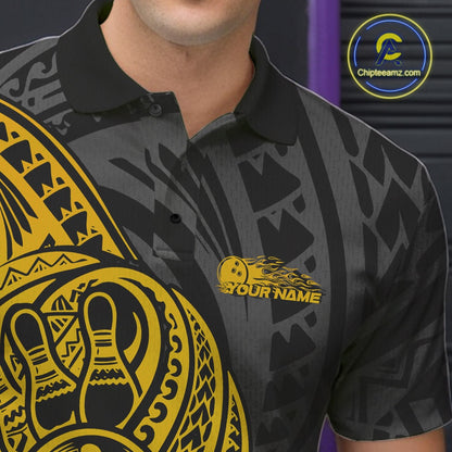 Custom Black And Yellow Maori Style Koru Spiral Tribal Men Bowling Polo Team Shirt IPHW10953
