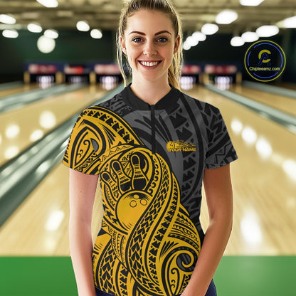 Custom Black And Yellow Maori Style Koru Spiral Tribal Women Bowling Quarter-Zip Shirt IPHW10953