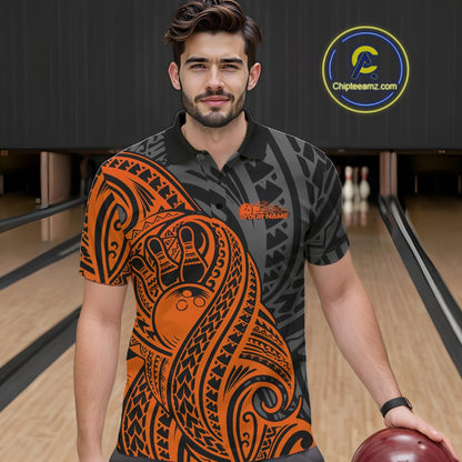 Custom Black And Orange Maori Style Koru Spiral Tribal Men Bowling Polo Team Shirt IPHW10954