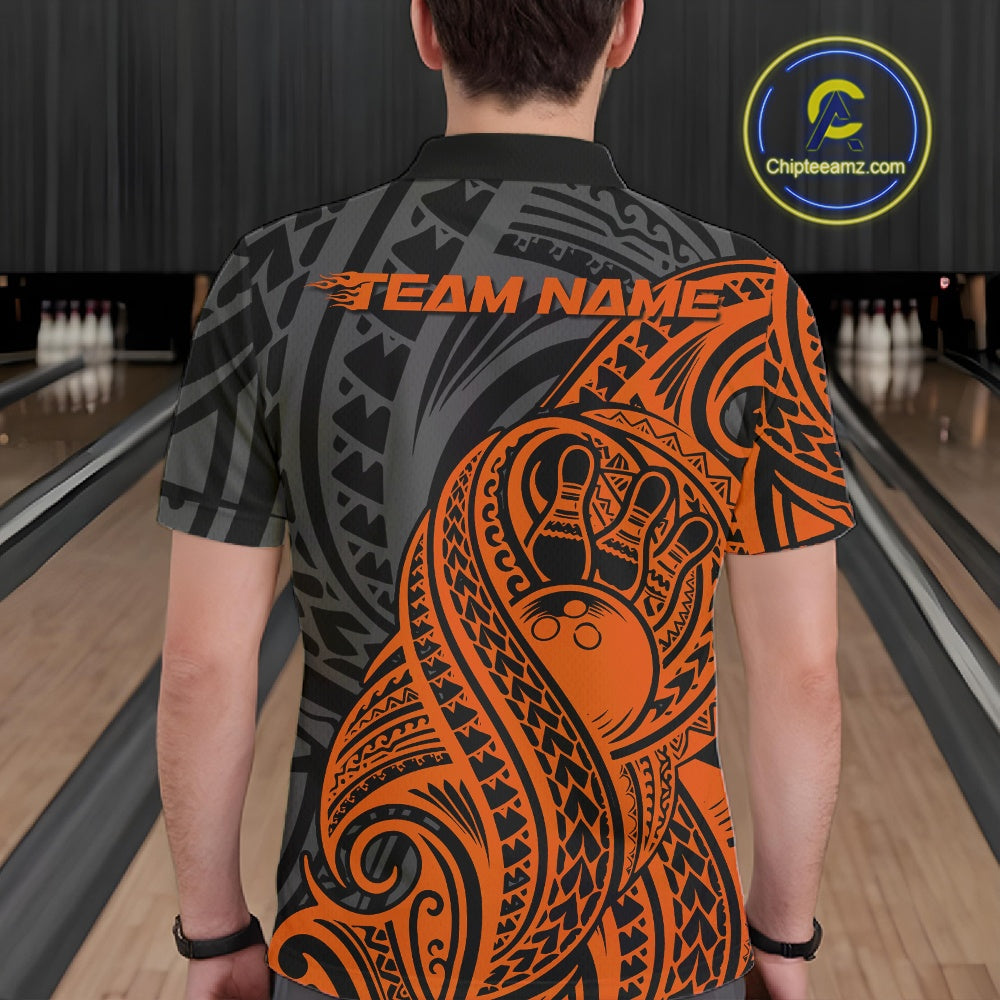 Custom Black And Orange Maori Style Koru Spiral Tribal Men Bowling Polo Team Shirt IPHW10954